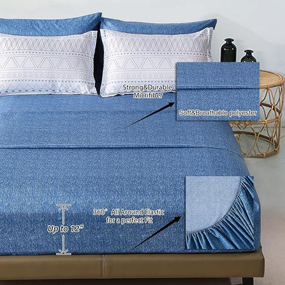 WONGS BEDDING Blue Boho Bed in a Bag Queen,7 Pieces Navy Comforter Set Queen Geometric Comforter Reversible Soft Microfiber Bedding Set with Comforter,Pillowcases,Flat Sheet,Fitted Sheet,Pillow Shams