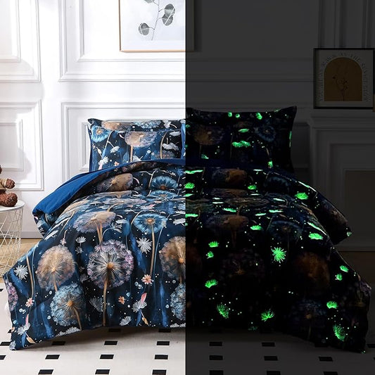 Glow in The Dark Kids Comforter Set, 5 Pieces Blue Dandelion Bedding Set Twin Size for Boys Girls Teen, 1 Comforter, 2 Pillowcases, 2 Pillow Shams, 1 Flat Sheet, 1 Fitted Sheet