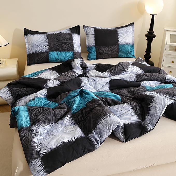Caressma King Comforter Set Black and Blue (104x90 Inch), 3 Pieces Buffalo Plaid Black and White Checkered Comforter Bedding Set, Stylish Geometric Plaid Fluffy Home Decor for All Seasons