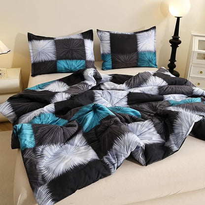 Caressma Black and White Checkered Comforter Bedding Set, 3 Pieces Full Size Blue White Plaid Comforter Set, Fluffy Black Grid Home Decor for All Seasons