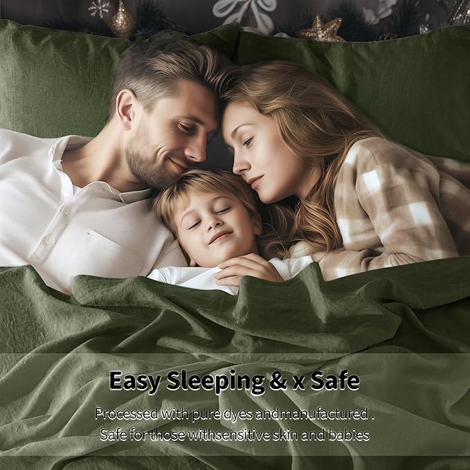 LBRO2M 100% Pure Linen Sheet Set Deep Pocket Up to 16" Bed Sheets Sets, Natural Flax Beddings Soft, Breathable, Comfortable for All Seasons 4 Pcs Sheet Set King Size, Olive Green