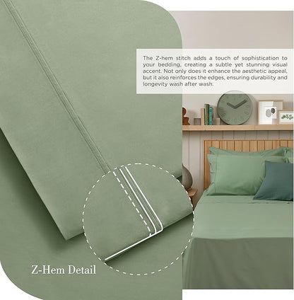 Linen Home 100% Cotton Percale Sheets King Size, 4-Piece Set - Crisp, Soft, Cool & Breathable, Deep Pocket Fits 16" Mattress, Long-Staple Combed Cotton, Hotel Style, Oil Green