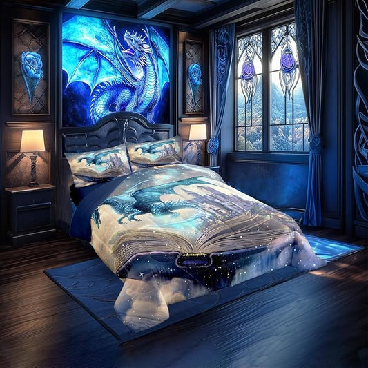 3D Dragon Bedding Set King Size Funny Fantasy Book Pattern Comforter Set for Kids Teens Room Decor Mid-Century Castle Duvet Insert Western Wild Animal Down Comforter Set,3Pcs