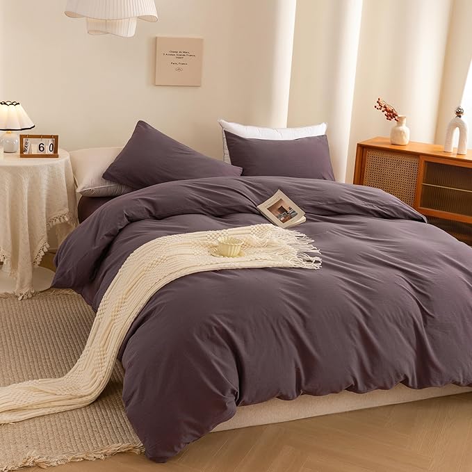 ECOCOTT Purple Duvet Cover California King Size - 100% Washed Cotton Durable Soft Comfy Duvet Cover Set, 3 Pieces Duvet Cover with Zipper Closure (Purple, 104''x98'')