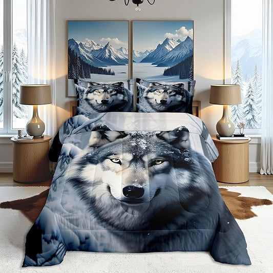 Castle Fairy Wolf Comforter Set Full Size,Nature Wild Animals Quilt Set 3pcs,3D Print Winter Snow View Bedding Set for Kids Teens Adults Home Decor,White Black Microfiber with 2 Pillowcases