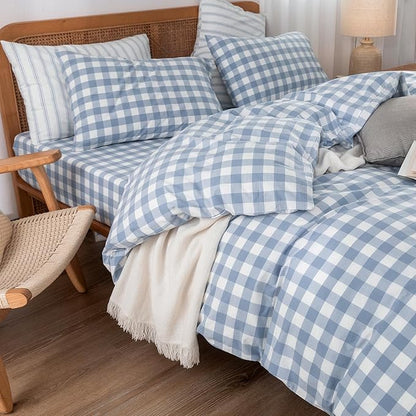 BESTOUCH Duvet Cover Set 100% Washed Cotton Linen Feel Super Soft Comfortable Chic Lightweight 3 PCs Home Bedding Set Cornflower Blue & White Grid King