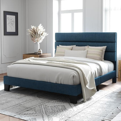 Allewie Queen Size Platform Bed Frame with Fabric Upholstered Headboard | Wooden Slats Support, Fully Upholstered Mattress Foundation, No Box Spring Needed, Easy Assembly, Noise-Free, Blue