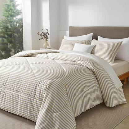 mixinni Tan Striped Comforter Set Queen Size - Beige Stripes Pattern Bed Set for All Season, 3 Pieces Lightweight Bedding Comforter Sets for All Seasons (1 Soft Fluffy Comforter + 2 Pillowcases)