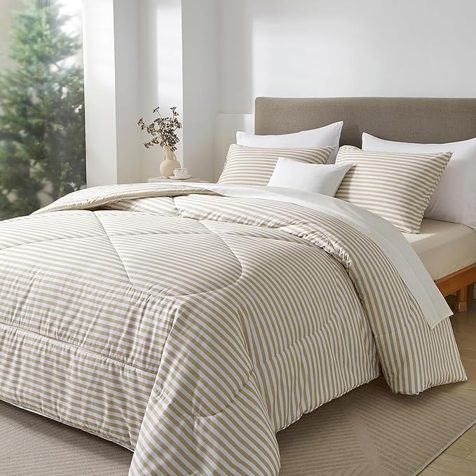 mixinni Tan Striped Comforter Set King Size - Beige Stripes Pattern Bed Set for All Season, 3 Pieces Lightweight Bedding Comforter Sets for All Seasons (1 Soft Fluffy Comforter + 2 Pillowcases)