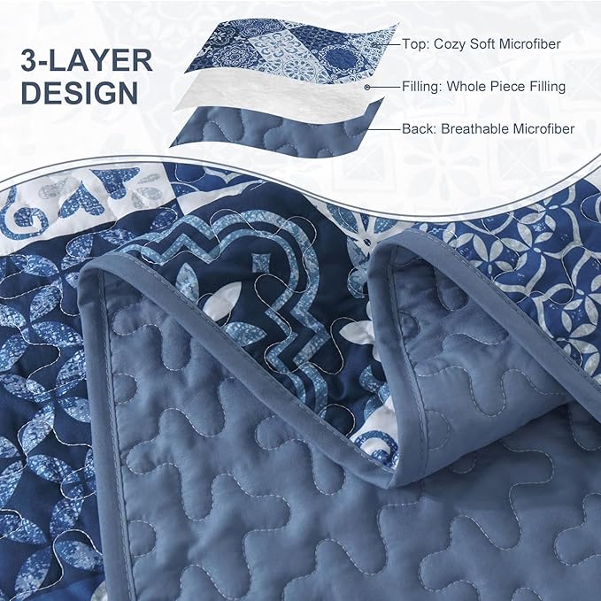 Dobuyly Boho Quilt Set King Size Navy Blue Plaid Patchwork Bedspread Coverlet Set, 3 Pieces Summer Quilt Bedding Set Soft Lightweight Navy Print Boho Bed Cover for All Seasons 110"x90"