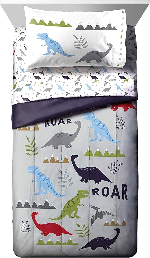 Jay Franco Trend Collector Dinosaur Roar 7 Piece Full Bed Set - Includes Comforter & Sheet Set - Super Soft Fade Resistant Microfiber Bedding
