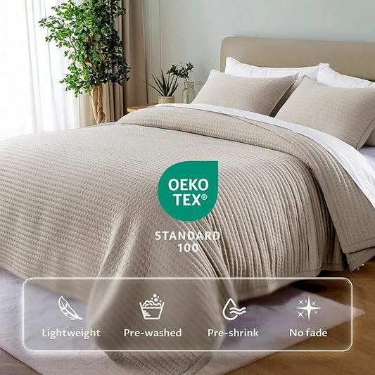 KASENTEX King XL Quilt Set 108"x98" – Soft Washed 3-Layer Lightweight Bedspread,Minimalist Nordic Design, All-Season Spring & Summer Quilt Set (1 Quilt + 2 Pillow Shams),Light Taupe