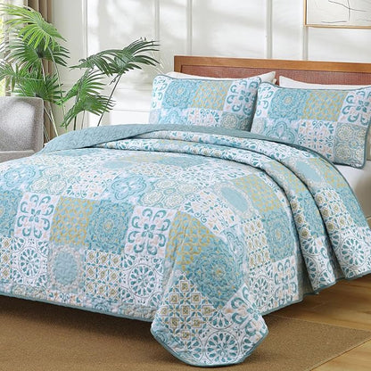 Dobuyly Patchwork Quilt Set King Size, Aqua Blue Boho Summer Bedspreads Coverlet Set, 3 Pieces Soft Lightweight Microfiber Quilt Bedding Set for All Seasons 110"x90"