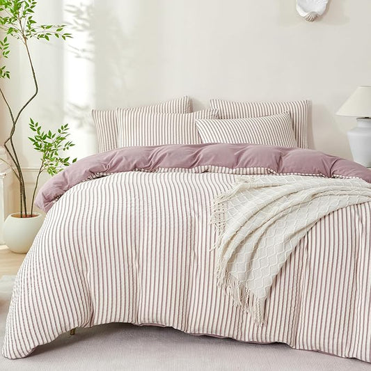 Comforter Set Queen Size Soft Luxury Washed Microfiber Jacquard 3 Pieces Bedding, White Grayish Purple Vertical Ticking Stripes Pattern Comforter with 2 Pillowcases Breathable Durable Comfy