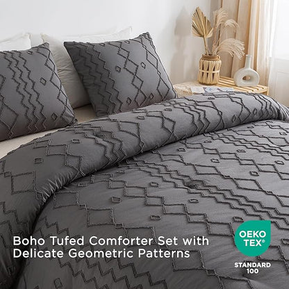 Andency Dark Gray Tufted Comforter Set Full(79x90Inch), 3 Pieces(1 Tufts Comforter, 2 Pillowcases) Boho Textured Farmhouse Bed, Microfiber Down Alternative Geometric Bedding Set