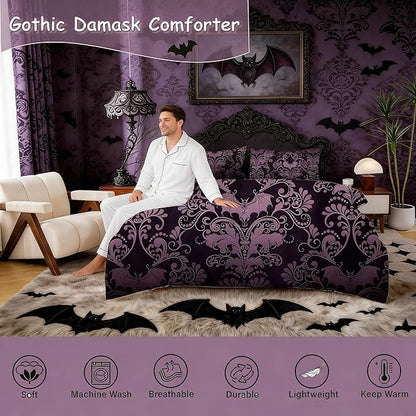 Erosebridal Gothic Damask Comforter Set 7 Piece Bed in a Bag Twin,Halloween Bat Bedding Sets Purple Victorian Floral Goth Sheet Set with Comforter