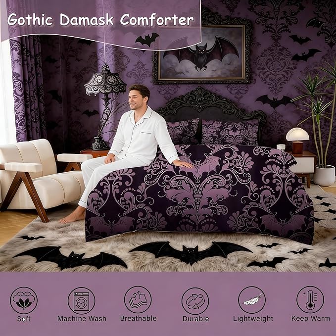 Erosebridal Gothic Damask Bed in a Bag Queen Comforter Set 7 Piece,Halloween Bat Bedding Sets Purple Victorian Floral Goth Sheet Set with Comforter