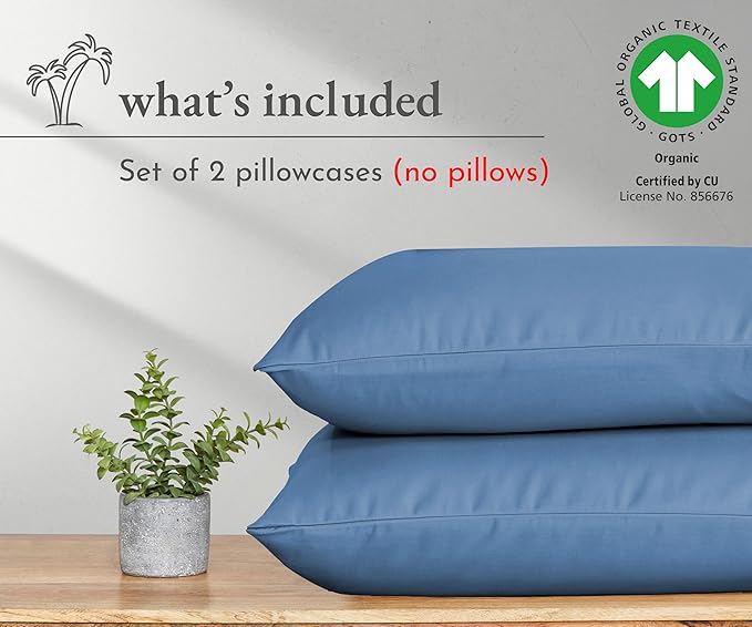 California Design Den Pillow Cases King Size Set of 2 - Soft 100% Organic Cotton, Crisp and Breathable Percale, Durable Organic Pillow Cases with Envelope Closure - Riviera Blue
