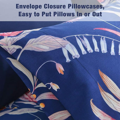 JSD Navy Blue Floral Printed Sheet Set Queen 6 Piece, Soft Microfiber Botanical Pattern Bed Sheets Extra Deep Pocket