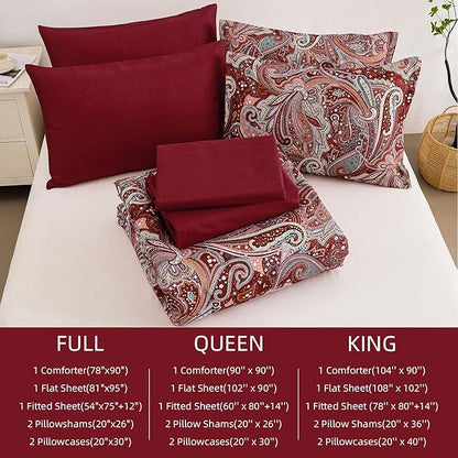 DJY Red Paisley Comforter Set Queen Size, 7 Piece Bed in a Bag Boho Paisley Pattern Comforter Set, Soft Lightweight Microfiber Reversible Bedding Set for All Season (90''x90'')