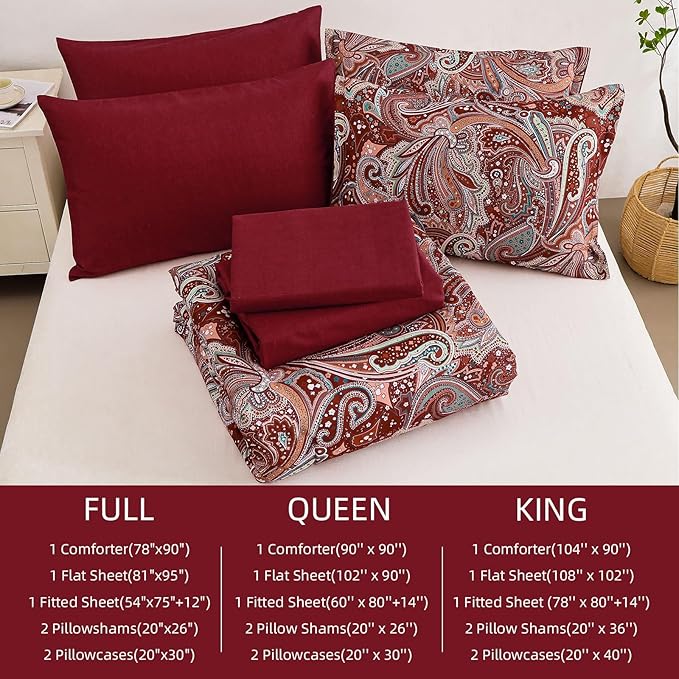 DJY Red Paisley Comforter Set King Size, 7 Piece Bed in a Bag Boho Paisley Pattern Comforter Set Soft Lightweight Microfiber Reversible Bedding Set for All Season (104''x90'')