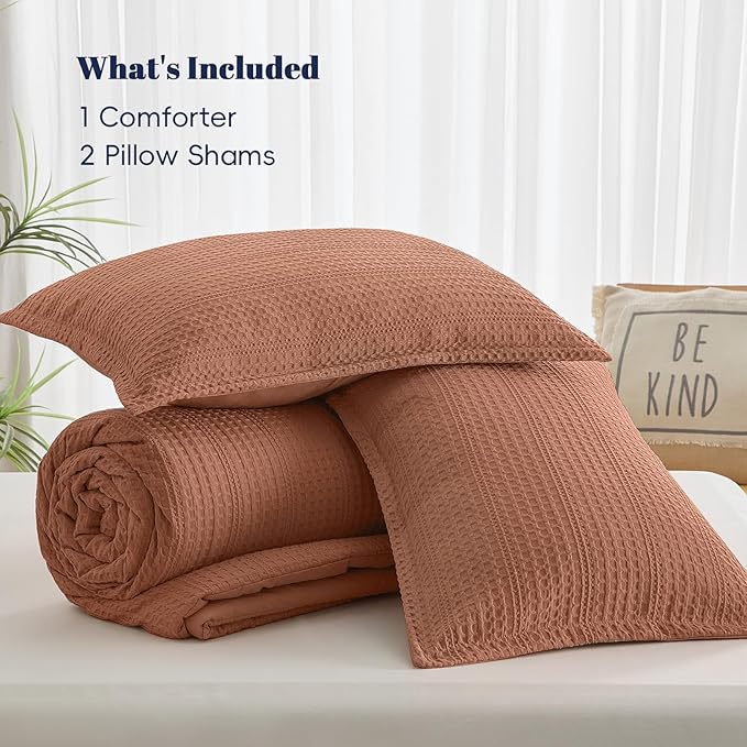 PHF Soft Waffle Comforter Set Queen Size- Comfy Breathable Waffle Weave Comforter with 2 Pillow Shams, 3 Pieces Less Snagging Lightweight Textured Bedding Set for All Season, Terra Cotta