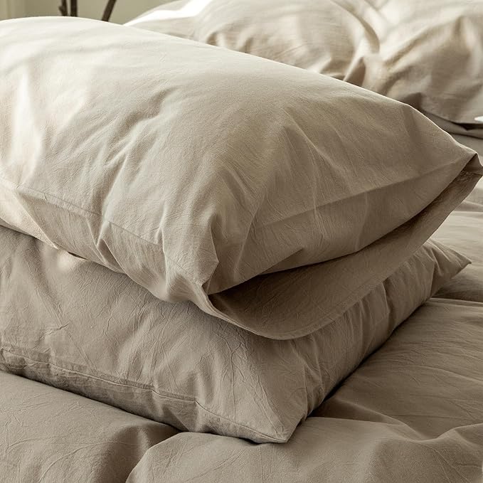 MooMee Bedding Pillowcases Pack of 2 100% Washed Cotton Linen Like Textured Breathable Durable Soft Comfy (Solid Mocha Brown, Standard)