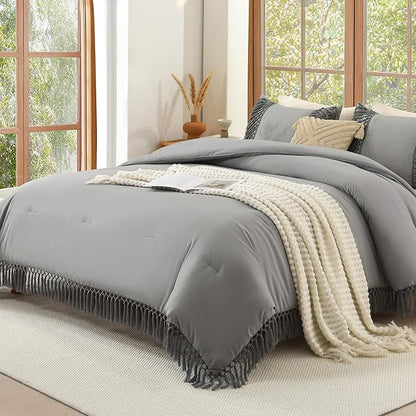Andency Queen Comforter Set Medium Grey, 3 Pieces Boho Lightweight Fall Bedding Comforter Sets, Tassel Bed Set (90x90In Comforter & 2 Pillowcases)