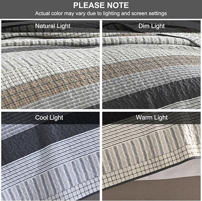 PANGUSHAN 100% Cotton Quilt Set Queen Size, Patchwork Queen Quilt Bedding Set Bedspreads, Farmhouse Lightweight Comforter Reversible Quilt, White/Brown/Grey Bed Spread for All Season, 3 Pieces