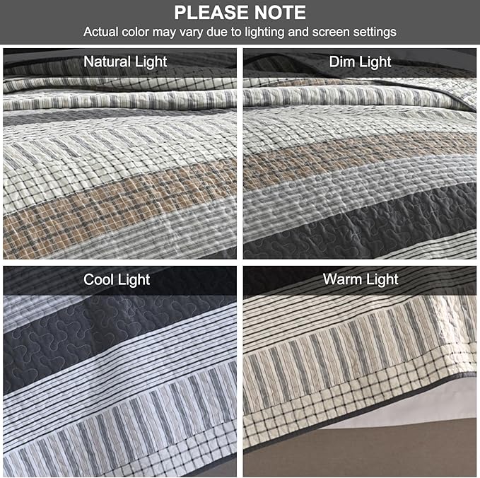 PANGUSHAN 100% Cotton Quilt Set King Size, Patchwork King Quilt Bedding Set Bedspreads, Farmhouse Lightweight Comforter Reversible Quilt, White/Brown/Grey Bed Spread for All Season, 3 Pieces