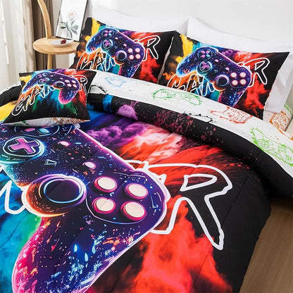 Aimuan Gamer Gaming Bedding Sets 3D Gamepad Comforter Sets for Boys Games Console Action Buttons Novelty Colorful Game Controller Modern Room Decor Home Quilt Set (Black-Purple, Full 6PCS)