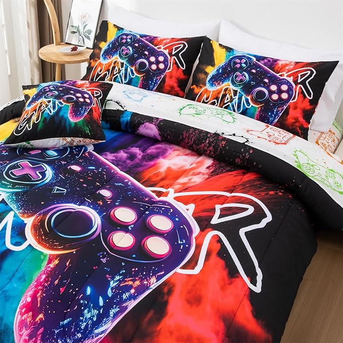 Aimuan Gamer Gaming Bedding Sets 3D Gamepad Comforter Sets for Boys Games Console Action Buttons Novelty Colorful Game Controller Modern Room Decor Home Quilt Set (Black-Purple, Twin 6PCS)