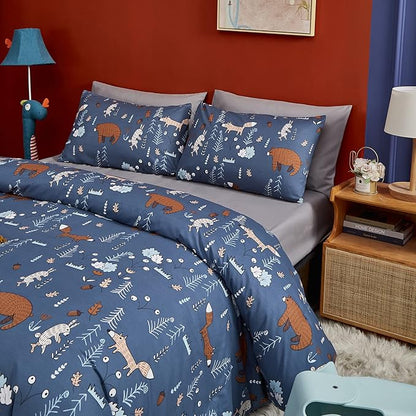 CLOTHKNOW Kids Comforter Set Twin Blue Animal Woodland Bedding Sets Cartoon Forest Fox Rabbit Comforter with 2 x Pillow Cases