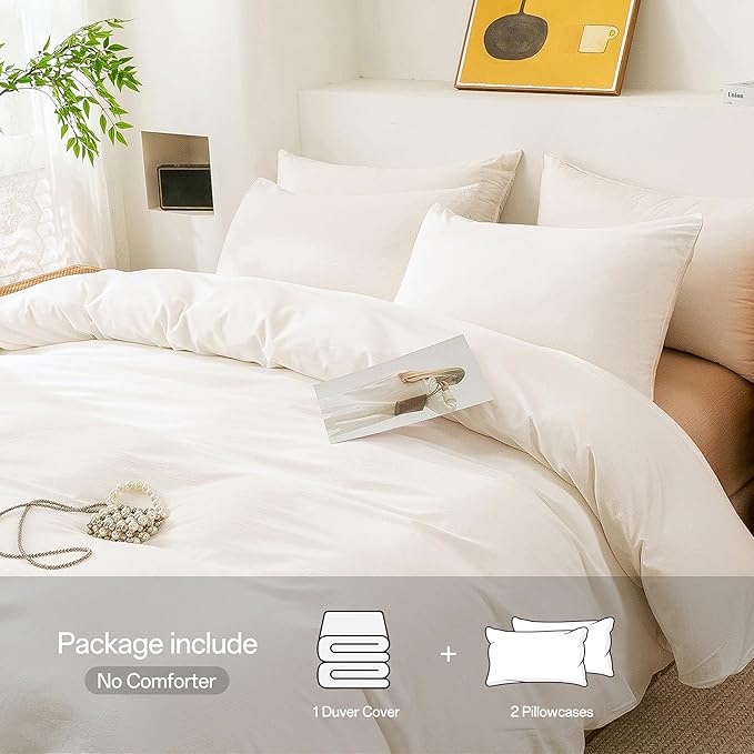 ECOCOTT White Duvet Cover Full Size, 100% Washed Cotton 1 Duvet Cover with Zipper and 2 Pillowcases, Ultra Soft and Easy Care Breathable Bedding Set (White, Full)