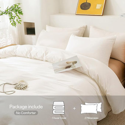 ECOCOTT White Duvet Cover Queen Size, 100% Washed Cotton 1 Duvet Cover with Zipper and 2 Pillowcases, Ultra Soft and Easy Care Breathable Bedding Set (White, Queen)
