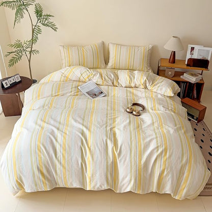 VM VOUGEMARKET 3 Pieces Striped Duvet Cover Set King 100% Washed Cotton Linen Like Textured Breathable Durable Soft Comfy Bedding Set (Yellow Stripes, King 104"x90")