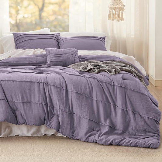 Bedsure California King Comforter Set - 4 Pieces Pinch Pleat Bed Set, Purple Boho Bedding for All Season, 1 Soft Comforter, 2 Pillowcases, 1 Decorative Pillow