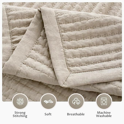 Oversized King Quilt Set 112"x106" – Soft Washed 3-Layer Lightweight California King Bedspread, Minimalist Nordic Design, All-Season Spring & Summer Quilt Set (1 Quilt + 2 Pillow Shams),Light Taupe