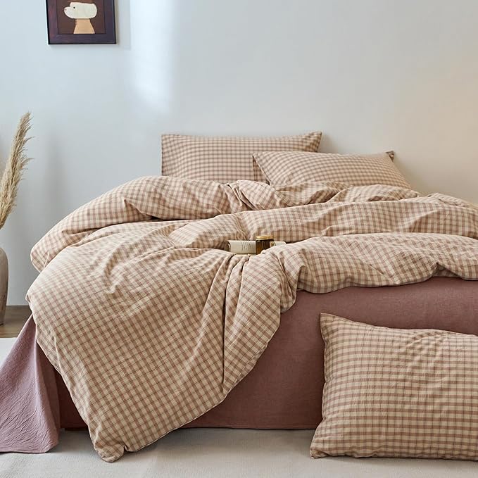 EAVD Vintage Style Pink&Tan Plaid Duvet Cover King Soft 100% Washed Cotton Chic Checkered Gingham Bedding Set with 2 Pillowcases Farmhouse Gingham Duvet Cover with Zipper Closure
