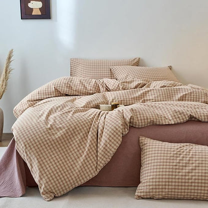 EAVD Vintage Style Pink&Tan Plaid Duvet Cover King Soft 100% Washed Cotton Chic Checkered Gingham Bedding Set with 2 Pillowcases Farmhouse Gingham Duvet Cover with Zipper Closure