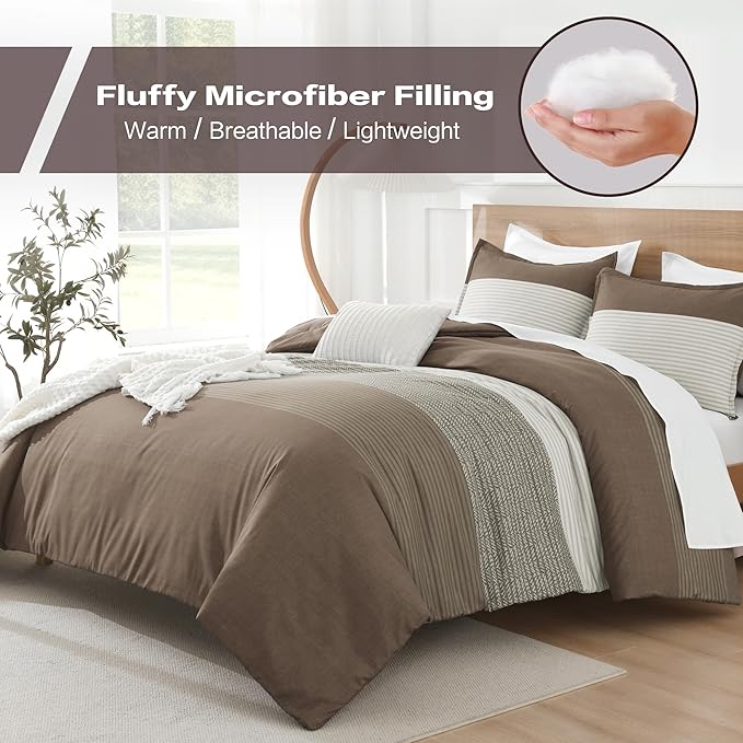 Litanika Comforter Set Queen Size Coffee - 3 Pieces Lightweight Colorblock Stripe Fluffy Bedding Comforter Sets, All Season Bed Set
