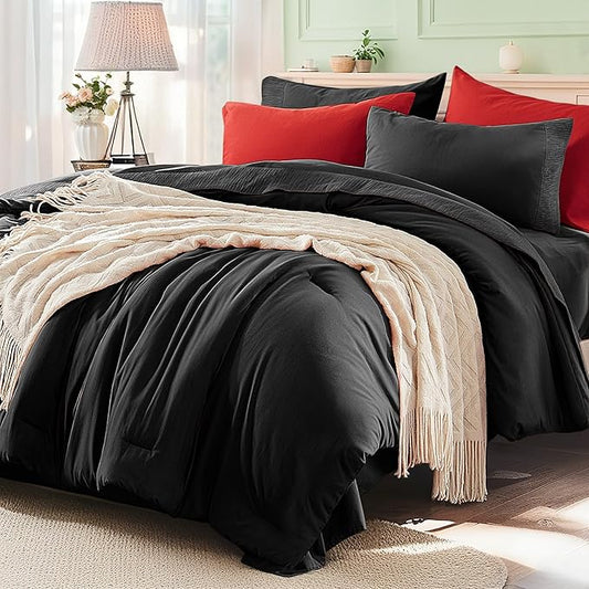 Anluoer Black and Red Full Comforter Set 7 Pieces, Bed in a Bag with Sheets, All Season Bedding Sets with 1 Comforter, 2 Pillow Shams, 2 Pillowcases, 1 Flat Sheet, 1 Fitted Sheet