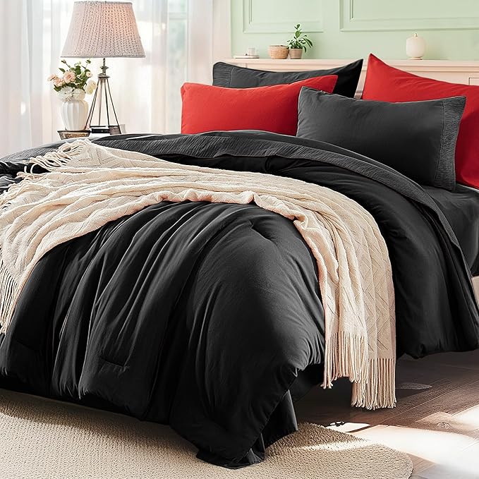Anluoer Black and Red Queen Comforter Set 7 Pieces, Bed in a Bag with Sheets, All Season Bedding Sets with 1 Comforter, 2 Pillow Shams, 2 Pillowcases, 1 Flat Sheet, 1 Fitted Sheet
