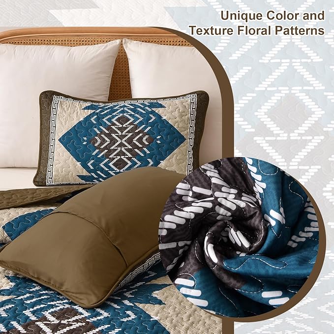 Dintszyayue Brown Boho Quilt Set Queen, Aztec Western Quilt Bedspread Set, 3 Pieces Texture Bedspread Southwestern Bedding Set, Soft Lightweight Coverlet Set for All Season with 2 Pillowcases