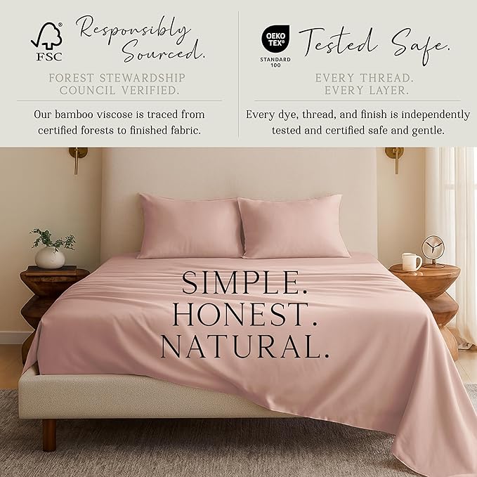 KARISSA MAE Cooling Bamboo Viscose Cal King Sheet Set | 100% FSC Certified | 18” Deep Pocket | Silky, Soft, & Hypoallergenic | with Organizer Band & Elastic Corner Straps [Dusty Rose]