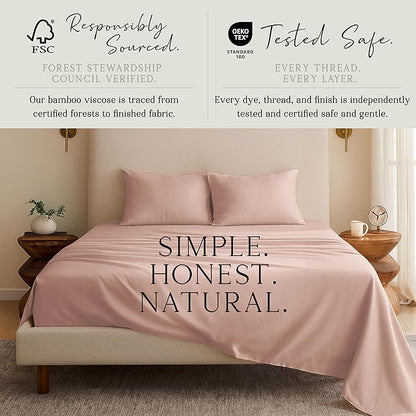 KARISSA MAE Cooling Bamboo Viscose Cal King Sheet Set | 100% FSC Certified | 18” Deep Pocket | Silky, Soft, & Hypoallergenic | with Organizer Band & Elastic Corner Straps [Dusty Rose]