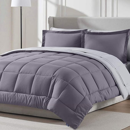 Nestl 7 Piece California King Comforter Set – Grayish Purple Reversible Bed in a Bag – Complete Cal King Size Bedding Set with Sheets, Pillowcases and Shams