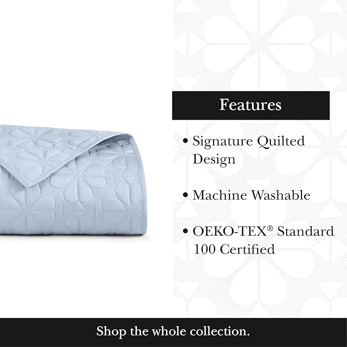kate spade new york Spade Floral 3-Piece King Quilt Bedding Set, 100% Cotton Sateen Reversible Cover, All Season Warmth Bedding, Machine Washable, Halogen Blue