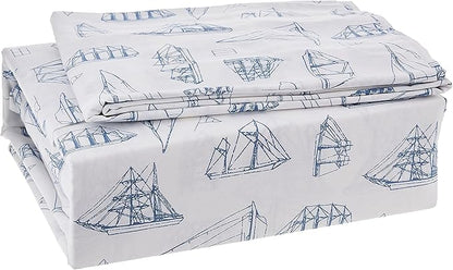 Nautica - King Size Sheets, Cotton Percale Bedding Set, Crisp & Cool, Coastal Home Decor (Whitewood Sail Blue, King)