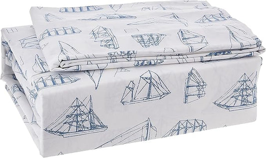Nautica - King Size Sheets, Cotton Percale Bedding Set, Crisp & Cool, Coastal Home Decor (Whitewood Sail Blue, King)
